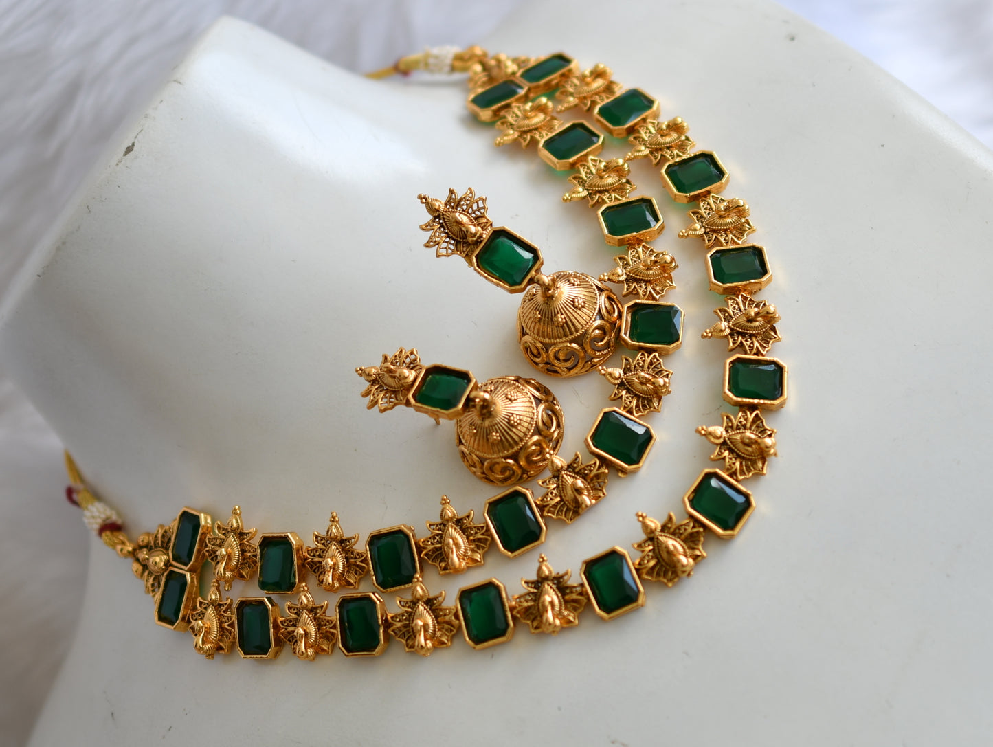 Antique gold tone double layer green block stone peacock necklace set dj-38691