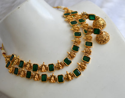 Antique gold tone double layer green block stone peacock necklace set dj-38691