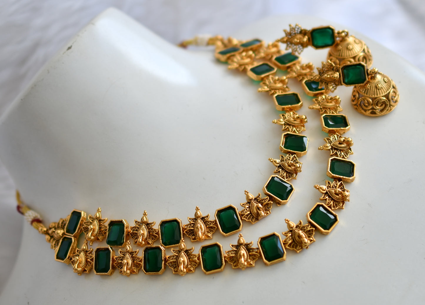 Antique gold tone double layer green block stone peacock necklace set dj-38691