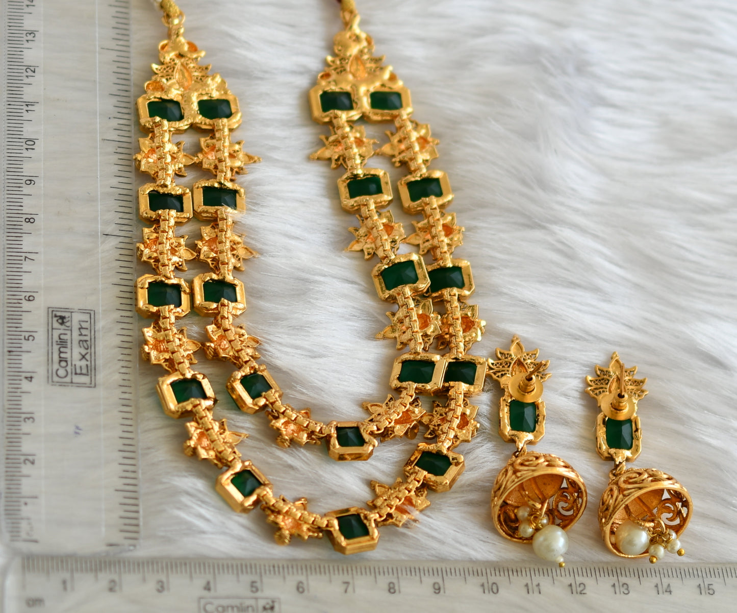 Antique gold tone double layer green block stone peacock necklace set dj-38691