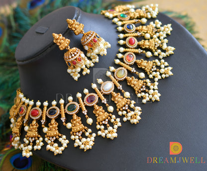 Matte finish navarathna lakshmi necklace set dj-37053