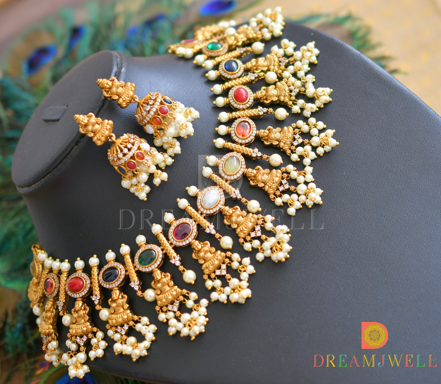 Matte finish navarathna lakshmi necklace set dj-37053