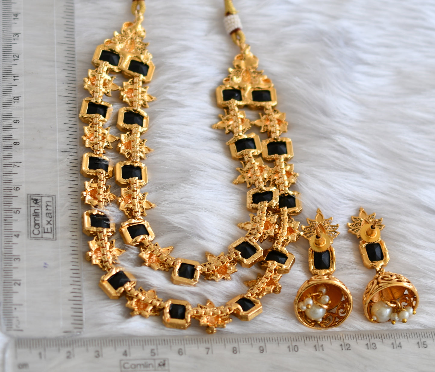 Antique gold tone double layer black block stone peacock necklace set dj-38692