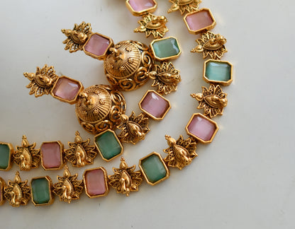 Antique gold tone double layer baby pink-sea green block stone peacock necklace set dj-38693