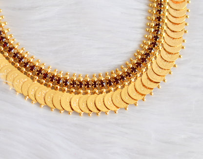 Gold tone maroon stone Lakshmi coin necklace dj-38120