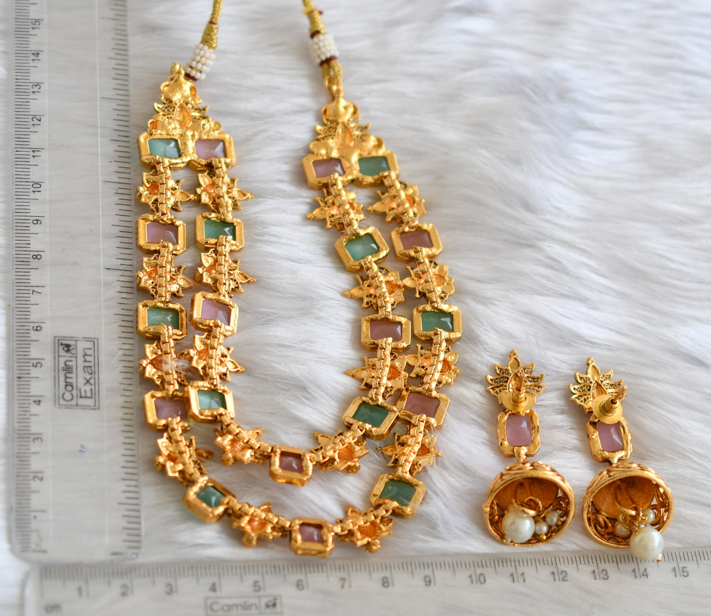 Antique gold tone double layer baby pink-sea green block stone peacock necklace set dj-38693