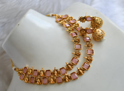 Antique gold tone double layer baby pink block stone peacock necklace set dj-38694