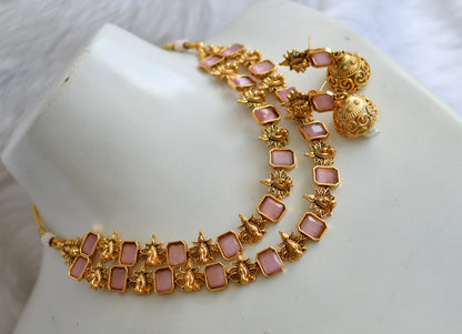 Antique gold tone double layer baby pink block stone peacock necklace set dj-38694