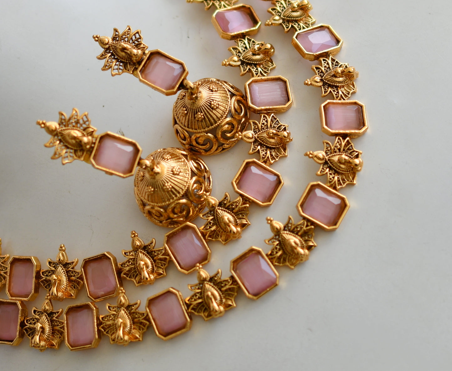 Antique gold tone double layer baby pink block stone peacock necklace set dj-38694