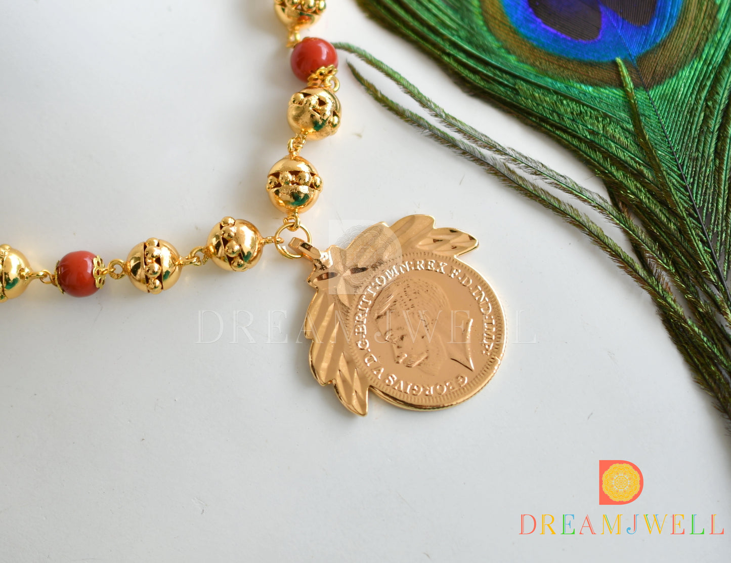 Gold tone coral beaded head coin necklace  dj-37830