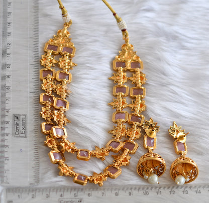 Antique gold tone double layer baby pink block stone peacock necklace set dj-38694