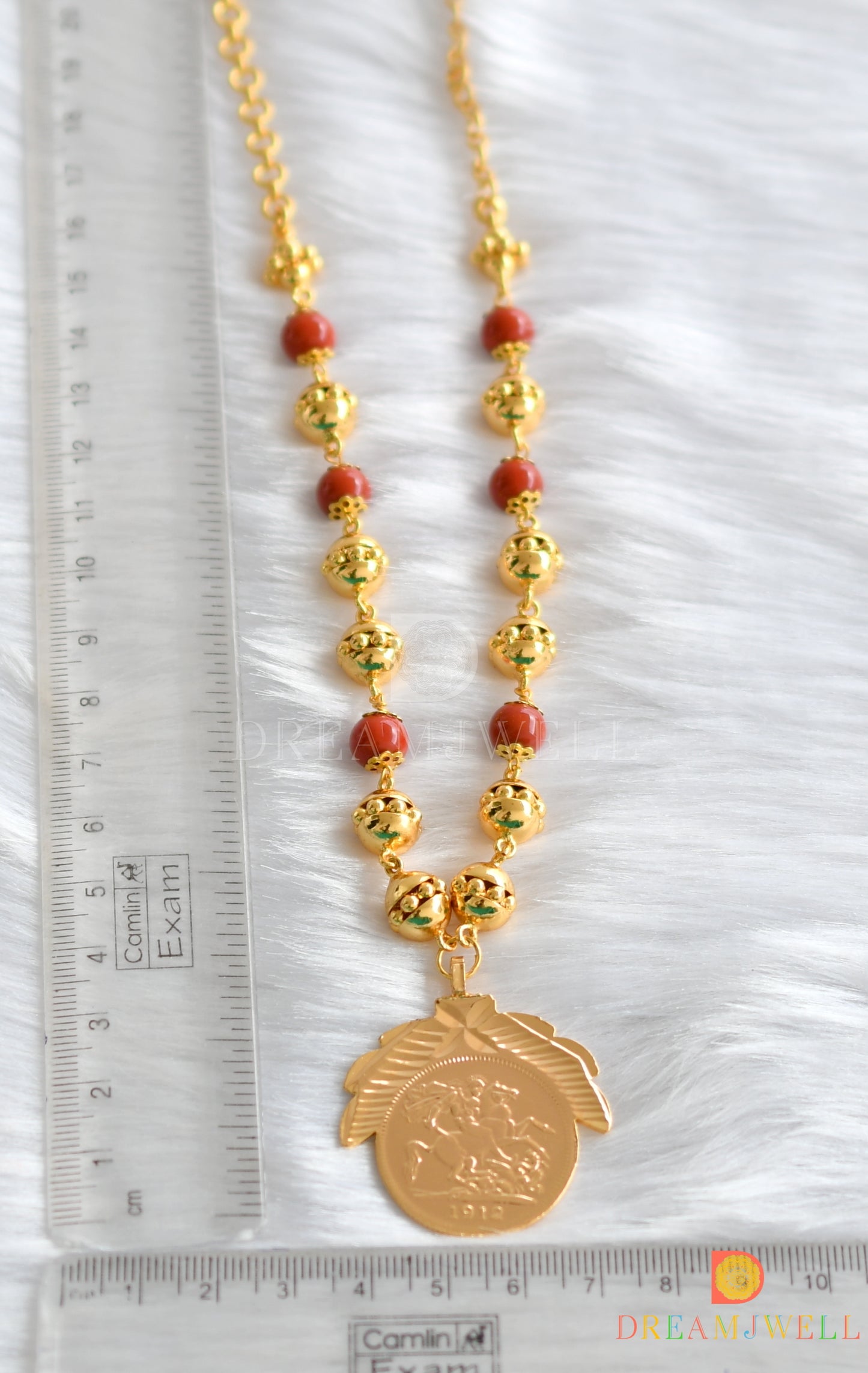 Gold tone coral beaded head coin necklace  dj-37830