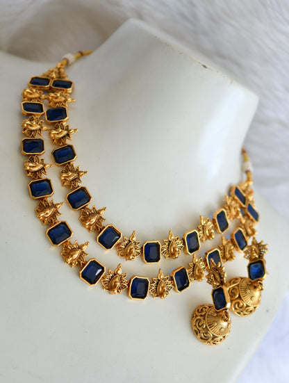 Antique gold tone double layer blue block stone peacock necklace set dj-38696