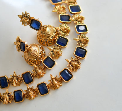 Antique gold tone double layer blue block stone peacock necklace set dj-38696