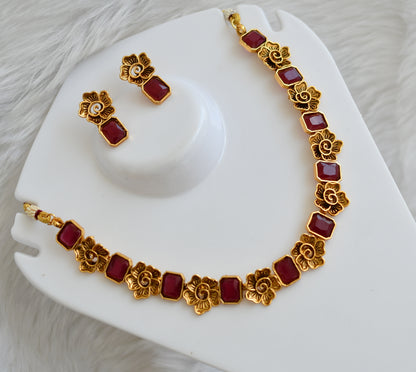 Antique gold flower ruby block stone necklace set dj-38681