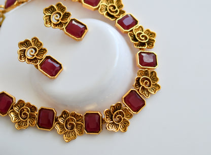 Antique gold flower ruby block stone necklace set dj-38681