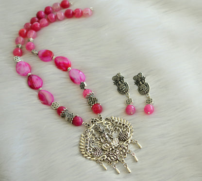 Silver tone pink agate lakshmi beaded necklace set dj-28569