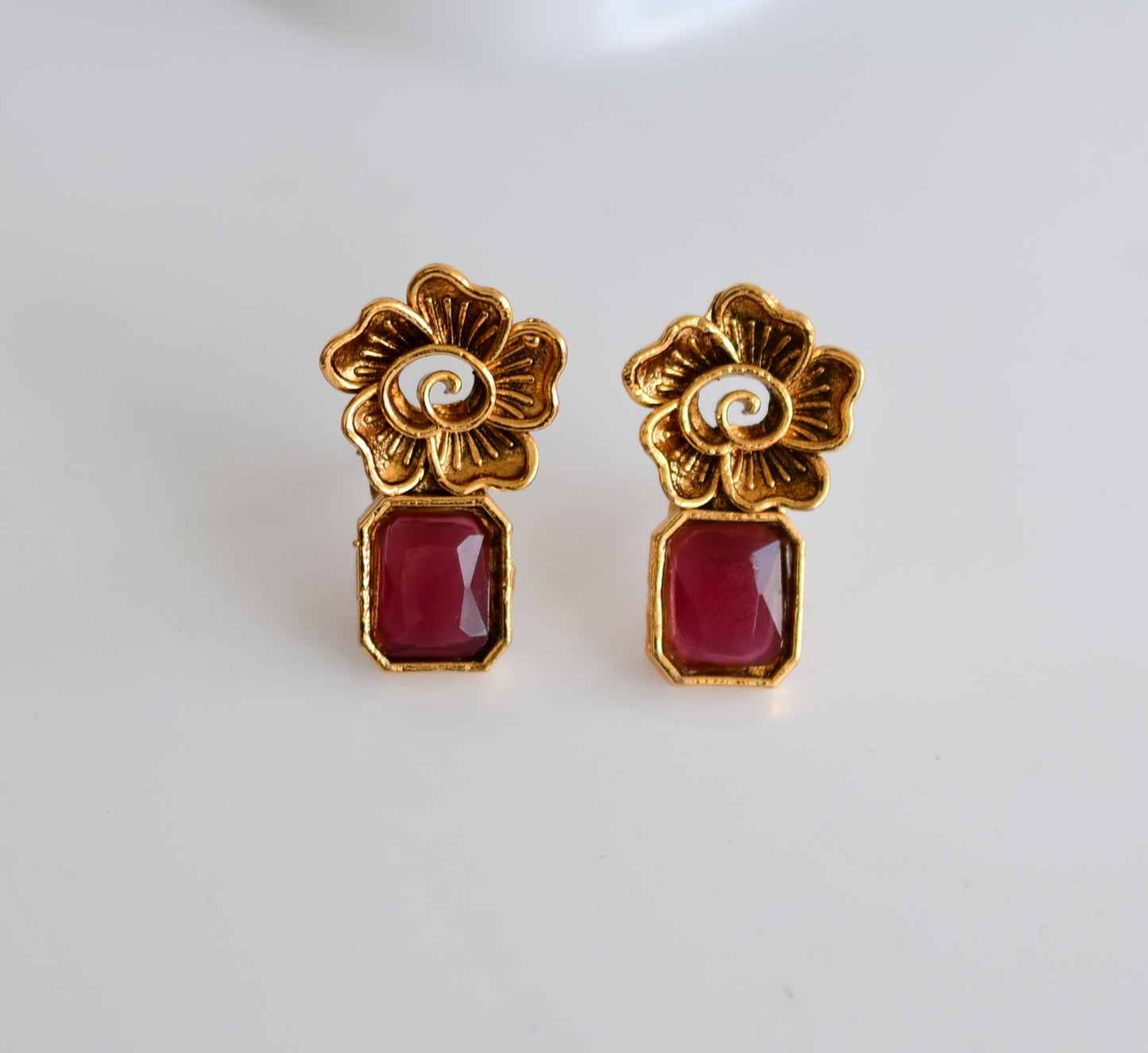 Antique gold flower ruby block stone necklace set dj-38681