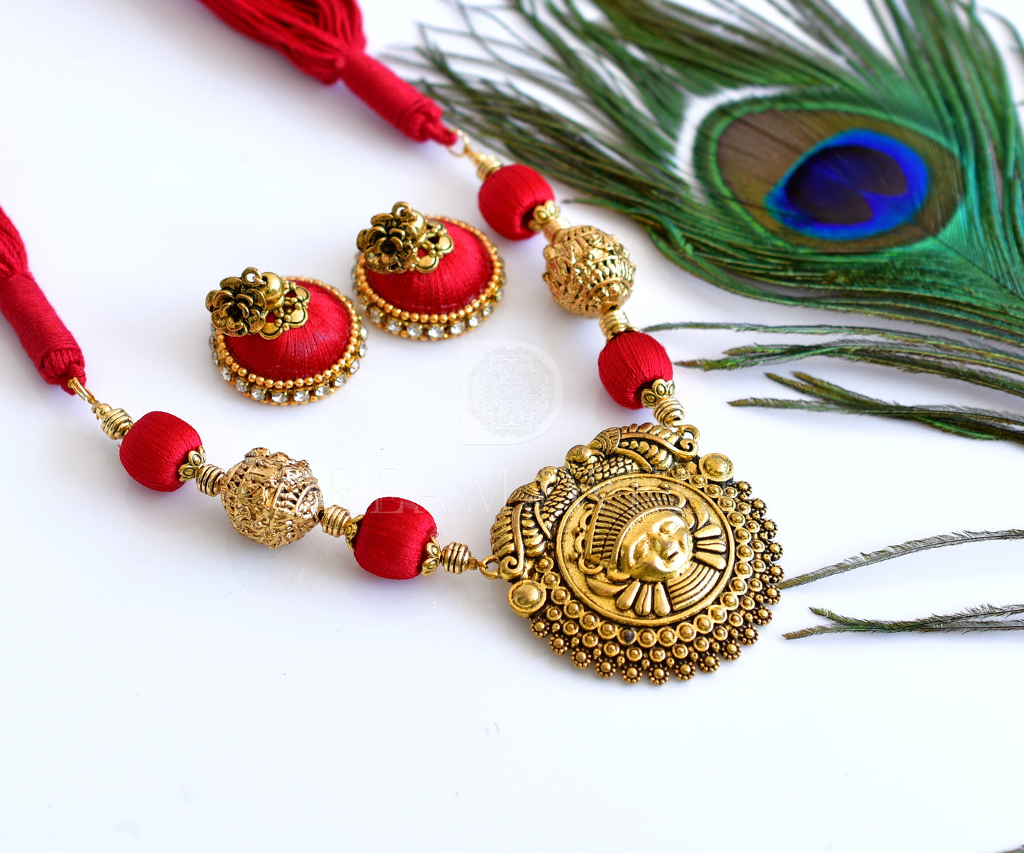 Antique  red silk thread designer necklace set dj-35550