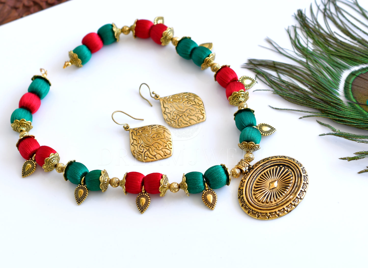 Antique green-red silk thread designer necklace set dj-35552