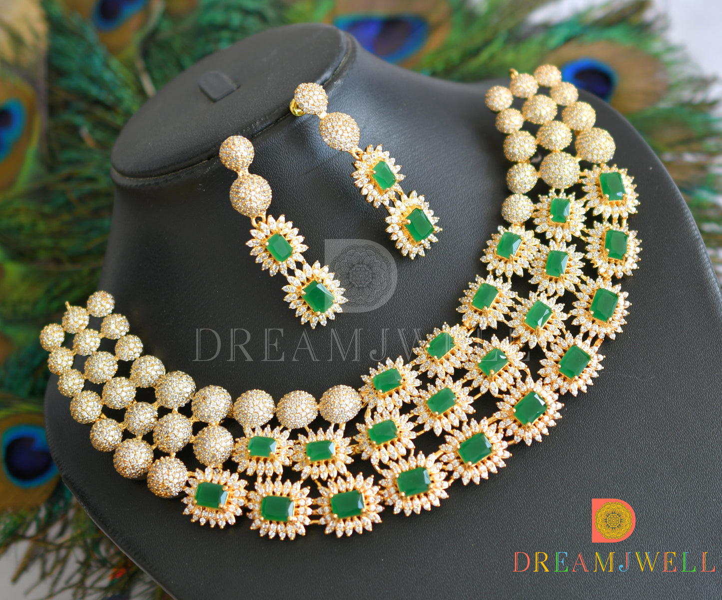 Gold tone cz green-white stone bridal necklace set dj-24545