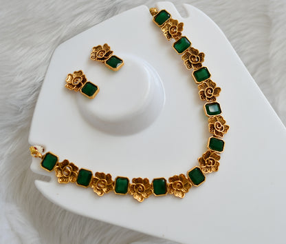 Antique gold flower green block stone necklace set dj-38683