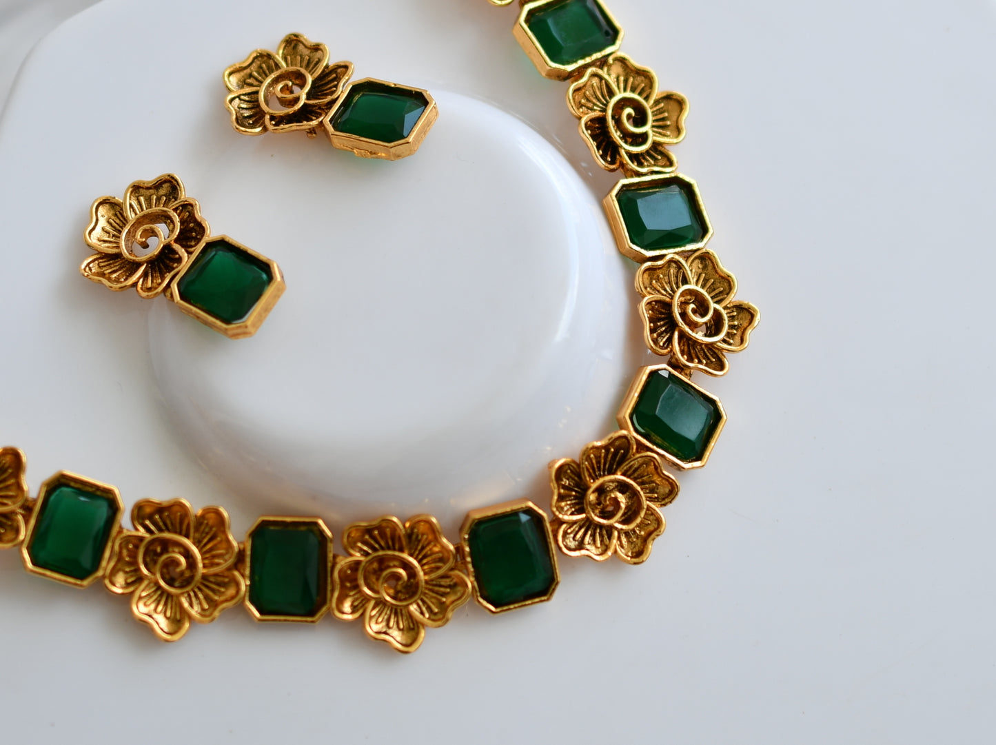 Antique gold flower green block stone necklace set dj-38683