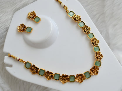 Antique gold flower sea green block stone necklace set dj-38684