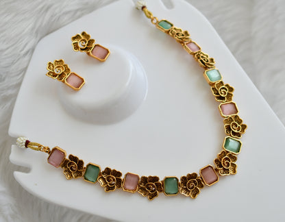 Antique gold flower baby pink-sea green block stone necklace set dj-38685