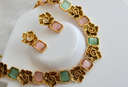 Antique gold flower baby pink-sea green block stone necklace set dj-38685