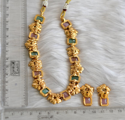 Antique gold flower baby pink-sea green block stone necklace set dj-38685