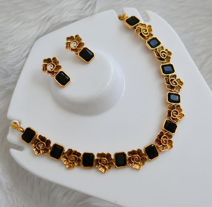 Antique gold flower black block stone necklace set dj-38686