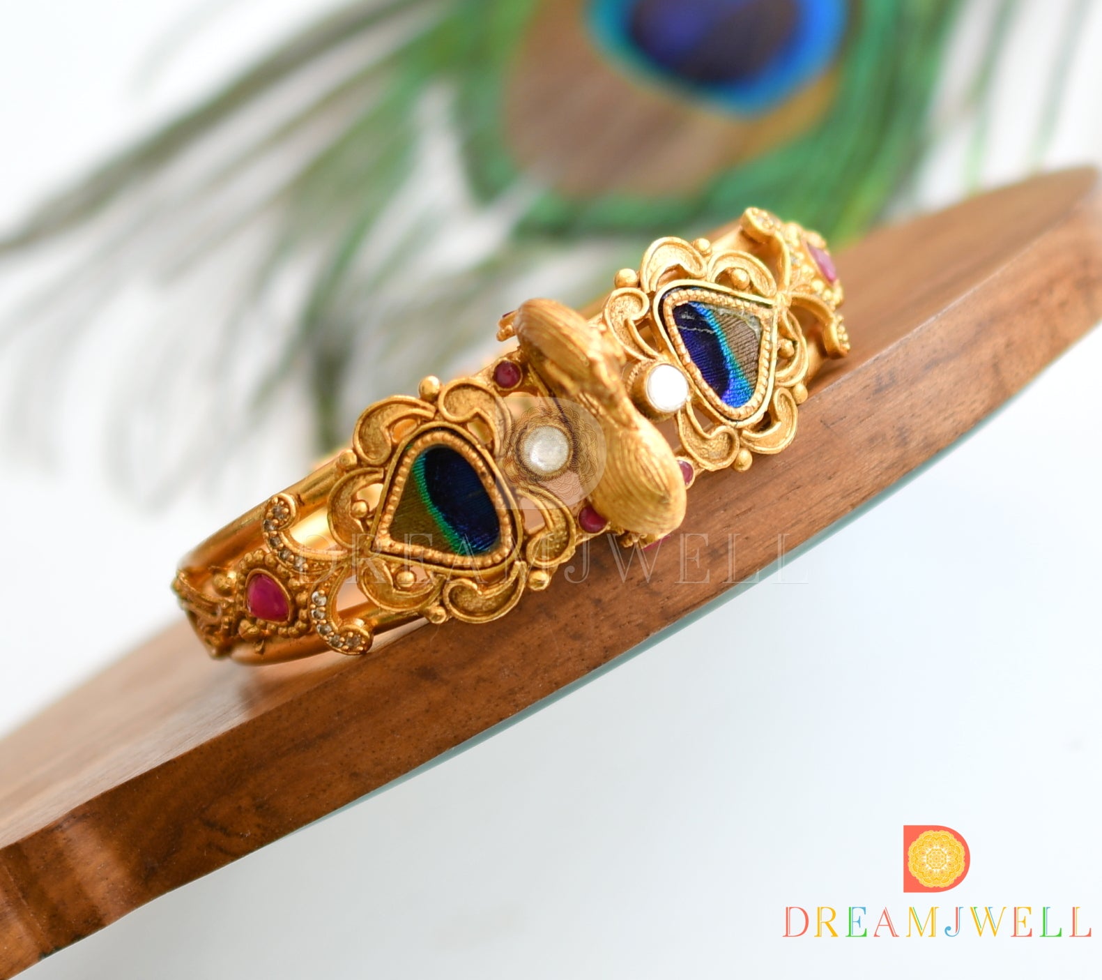 Blue & Green Cuff with Peacock Feathers & 24k Gold Plating