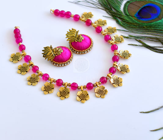 Antique pink beads flower designer necklace set dj-35560