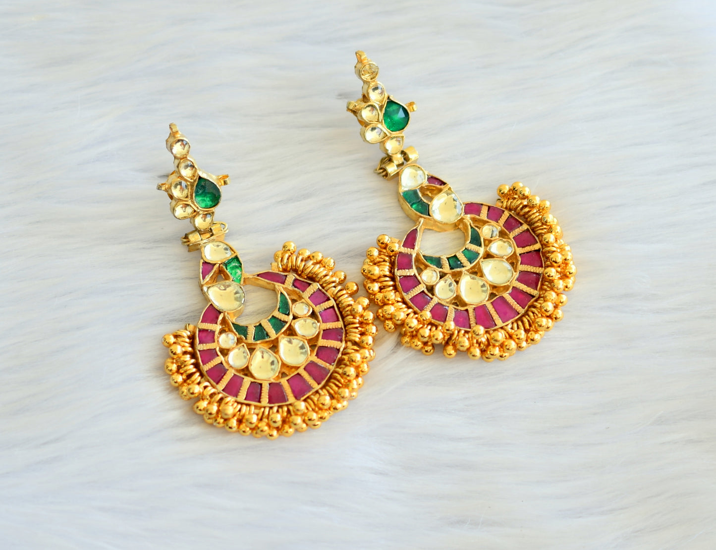 Gold tone uncut polki semiprecious ruby-emerald earring set dj-28723