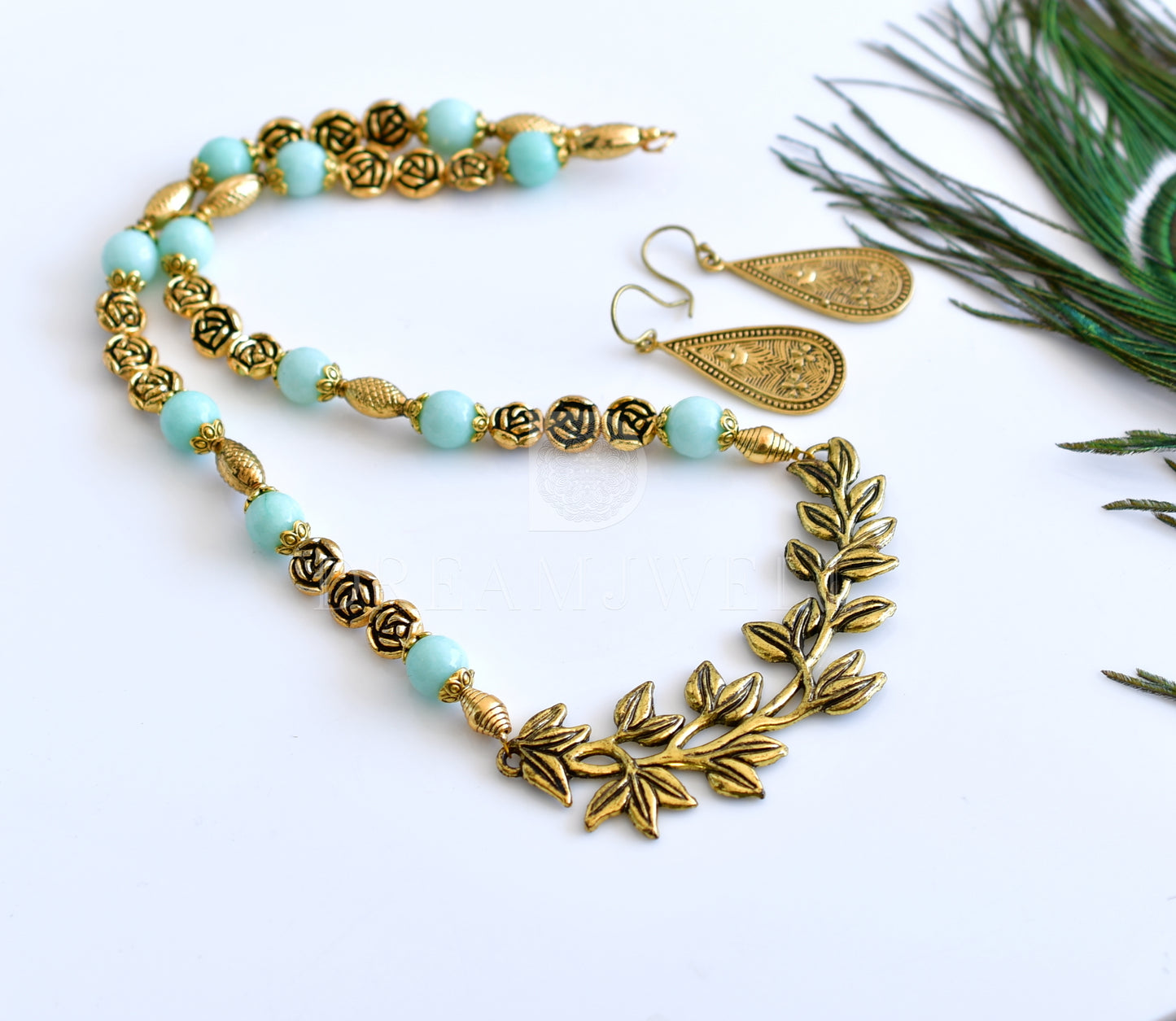 Antique sea green agates beads designer necklace set dj-35556