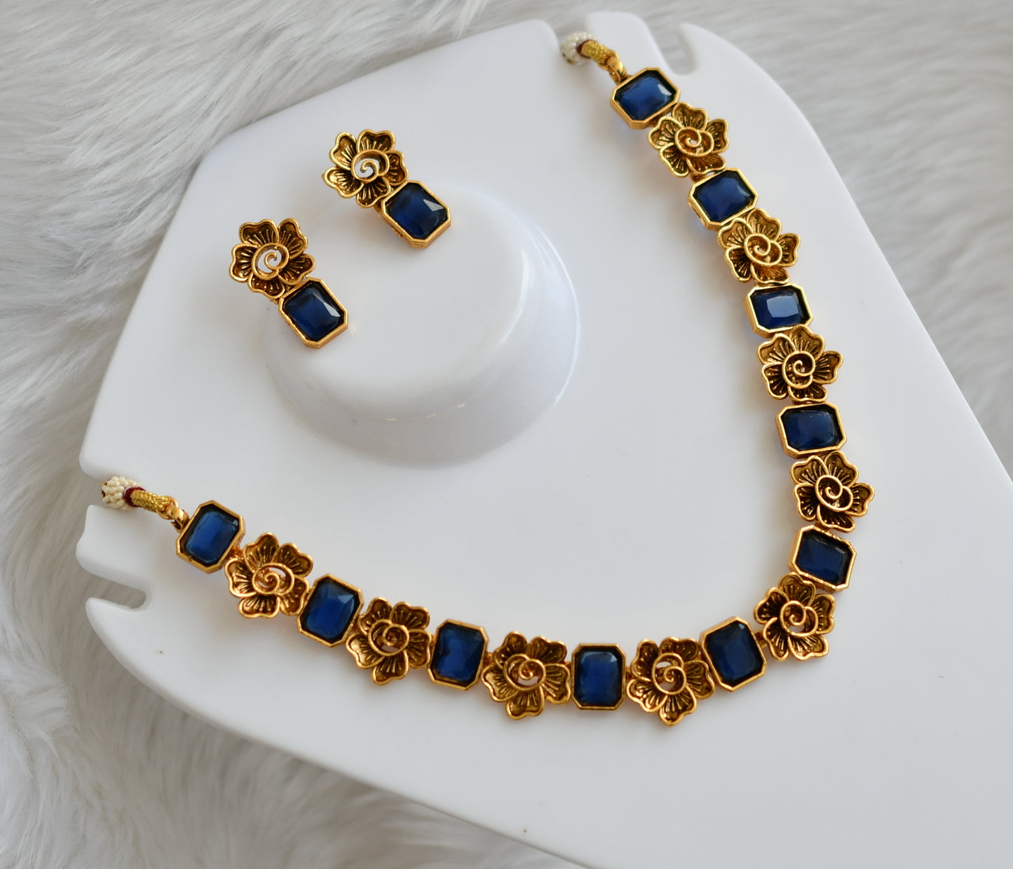 Antique gold flower blue block stone necklace set dj-38688