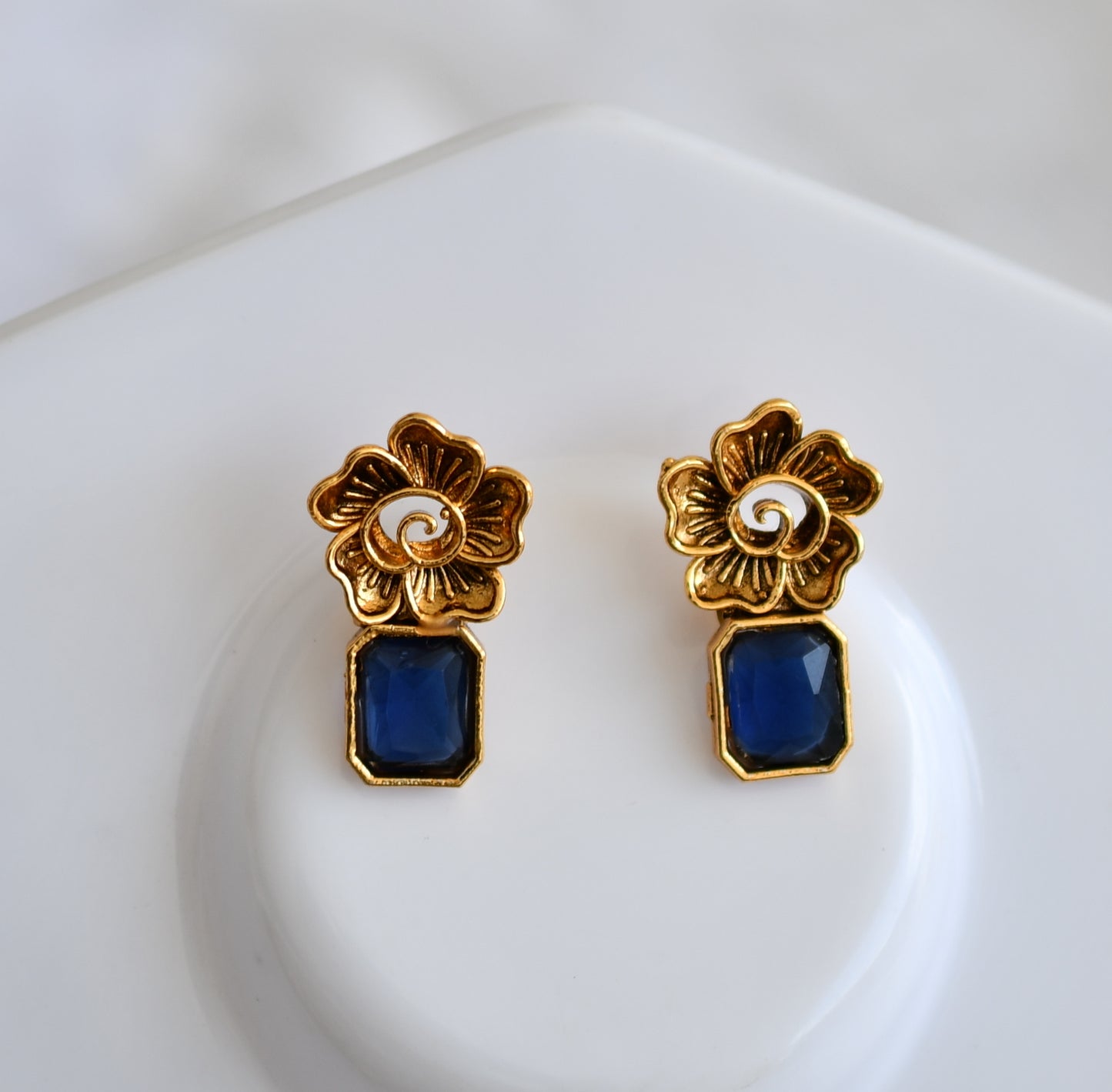 Antique gold flower blue block stone necklace set dj-38688