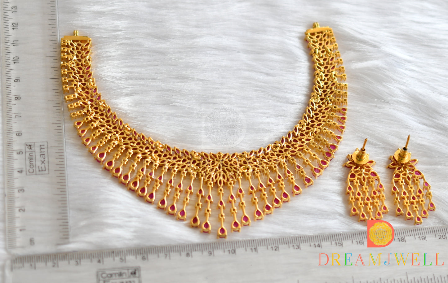 Gold tone cz ruby bridal necklace set dj-07959