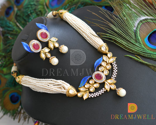 Gold tone real kundan-fresh water pearls unique necklace set dj-29694