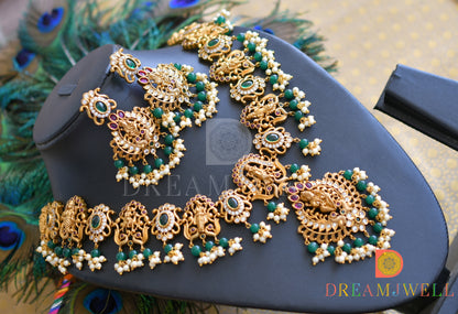 Antique gold cz kemp-green dasavathar necklace set dj-37050