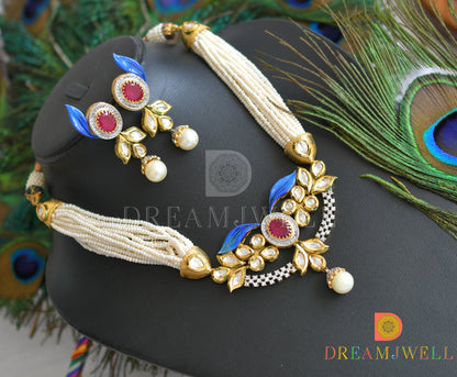 Gold tone real kundan-fresh water pearls unique necklace set dj-29694