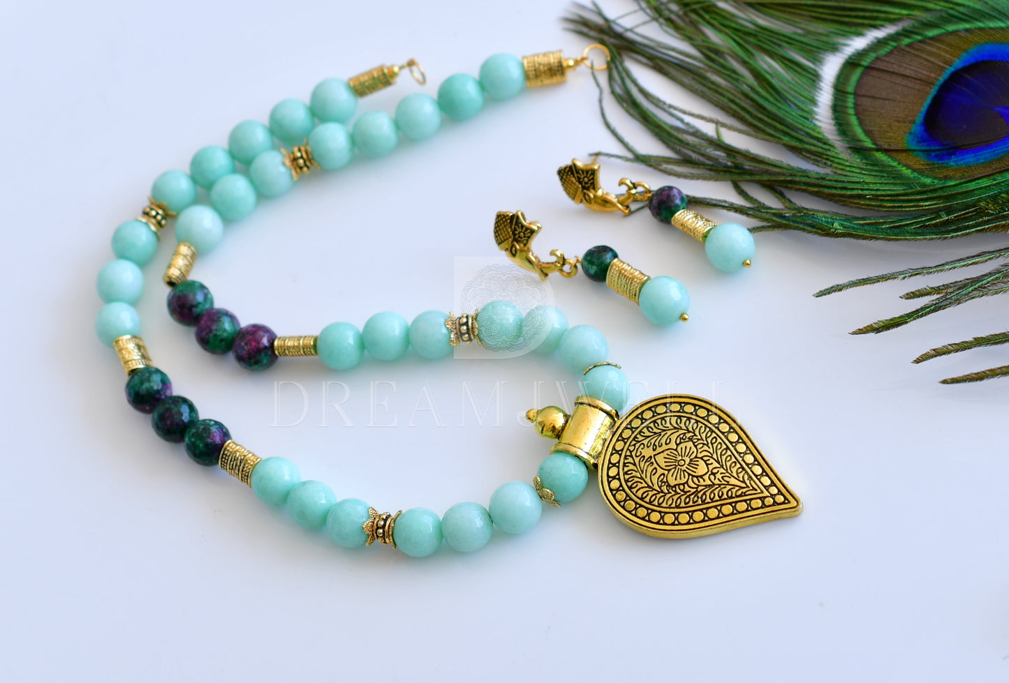 Antique sea green agates beads designer necklace set dj-35555