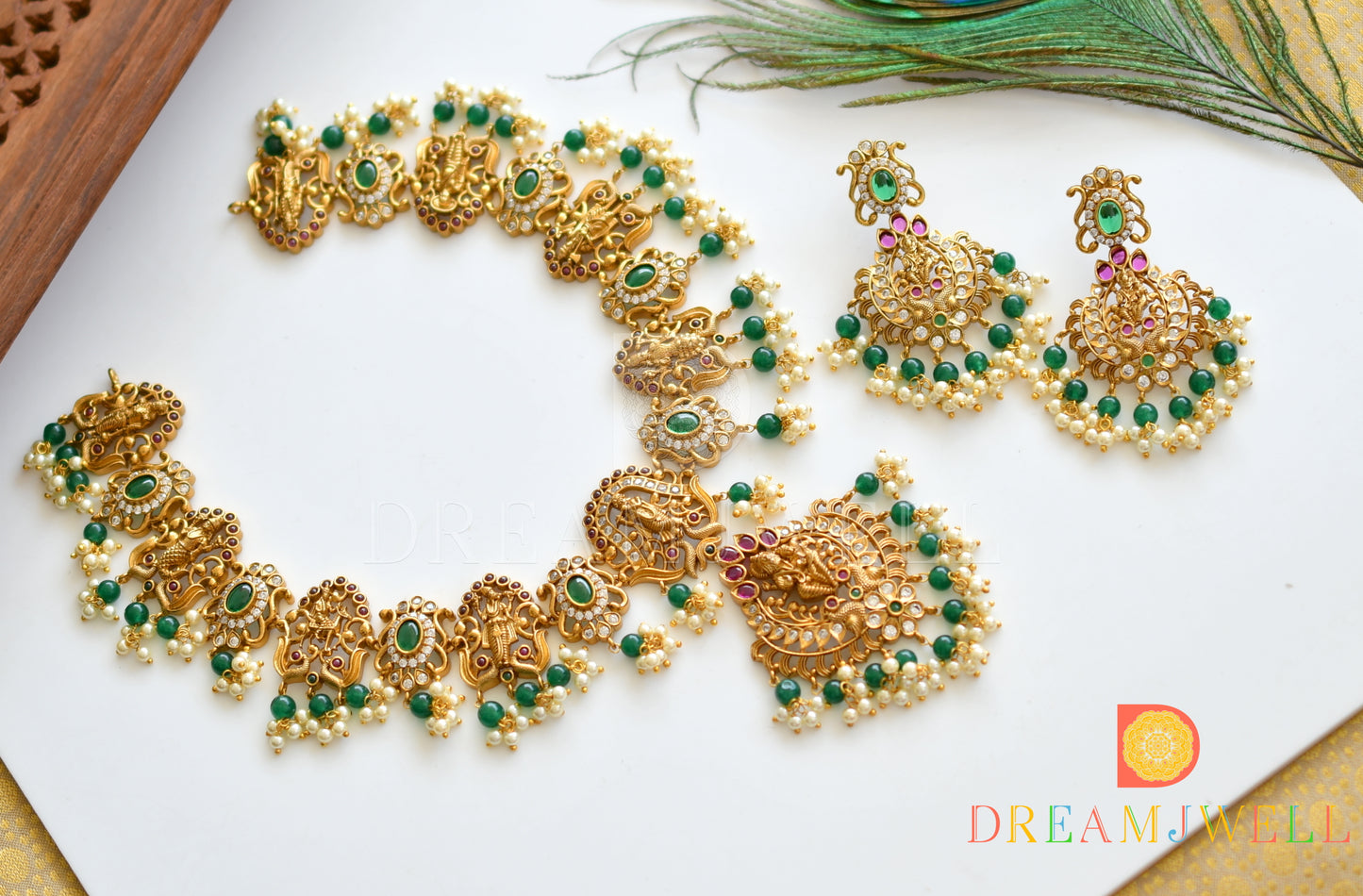 Antique gold cz kemp-green dasavathar necklace set dj-37050