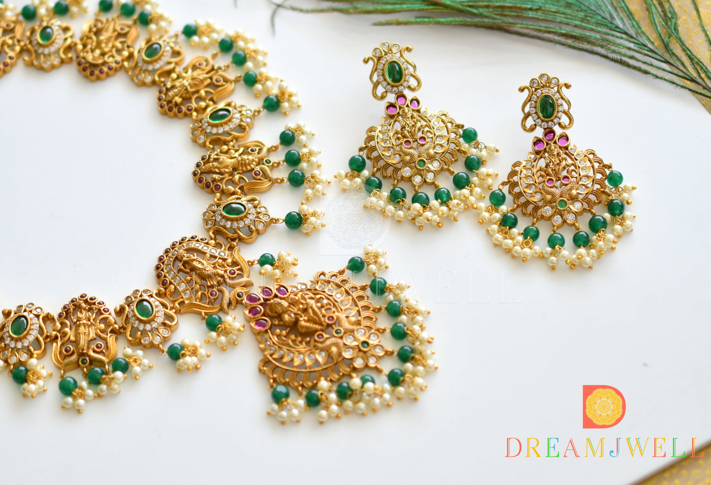 Antique gold cz kemp-green dasavathar necklace set dj-37050