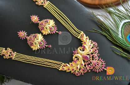 Gold tone multilayer ruby peacock haar set dj-14470