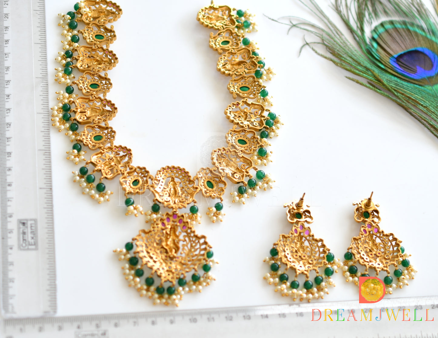 Antique gold cz kemp-green dasavathar necklace set dj-37050