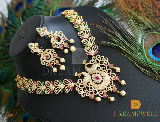 Gold tone cz-ruby-emerald-white peacock bridal necklace set dj-05085