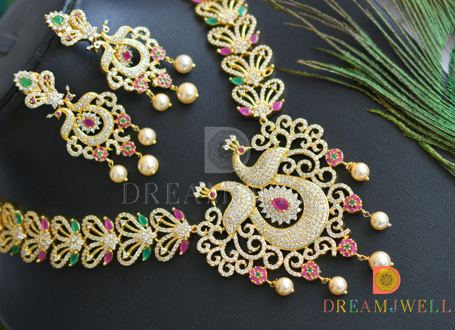 Gold tone cz-ruby-emerald-white peacock bridal necklace set dj-05085