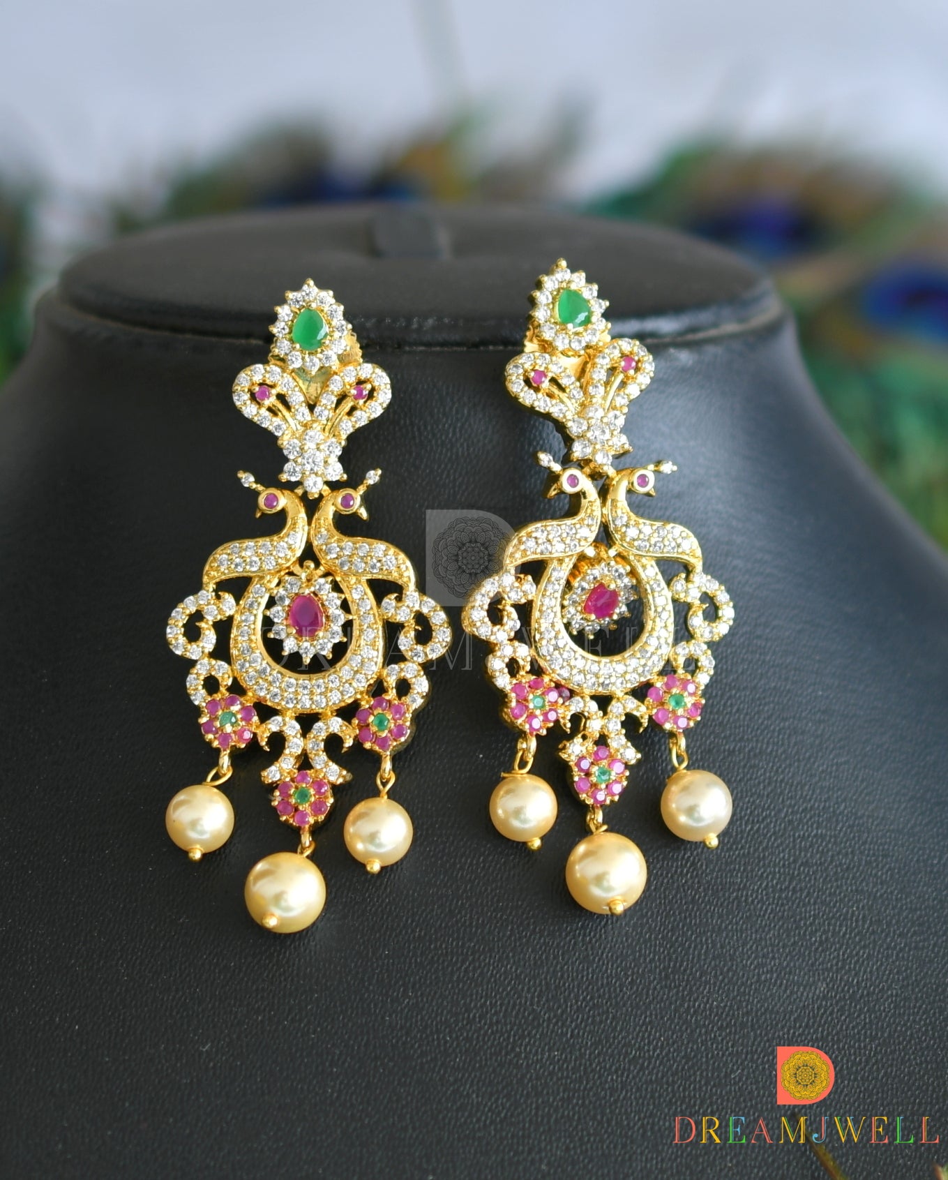 Gold tone cz-ruby-emerald-white peacock bridal necklace set dj-05085